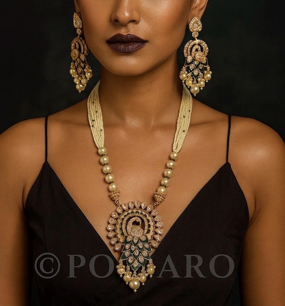 Moissanite Polki Kundan Peacock Jewelry Set: 999 Silver Gold Plated