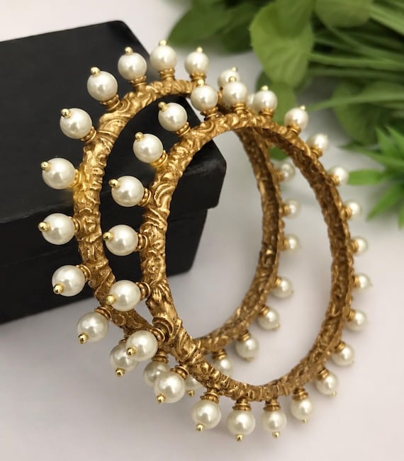 Antique Gold Plated Pearl Bangles: Sabyasachi Inspired Rajwadi bangles, Size 2.4