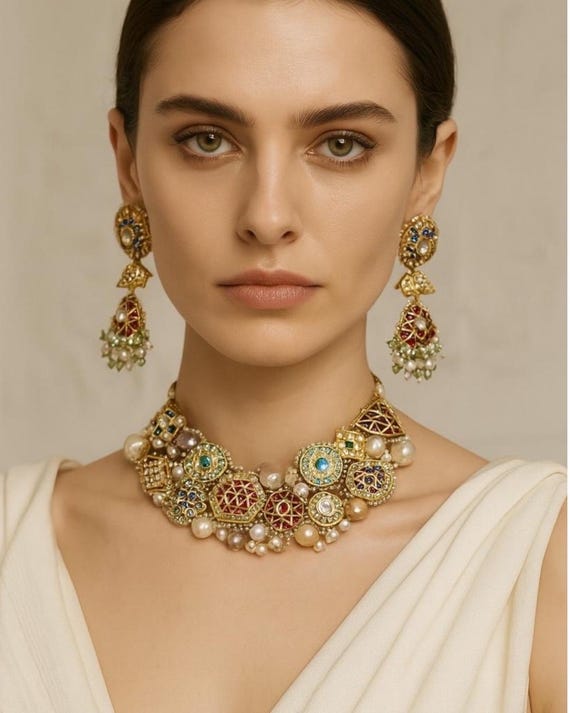 925 Sterling Silver Polki Kundan Necklace Set: Sabyasachi-Inspired Indian Bridal Jewelry