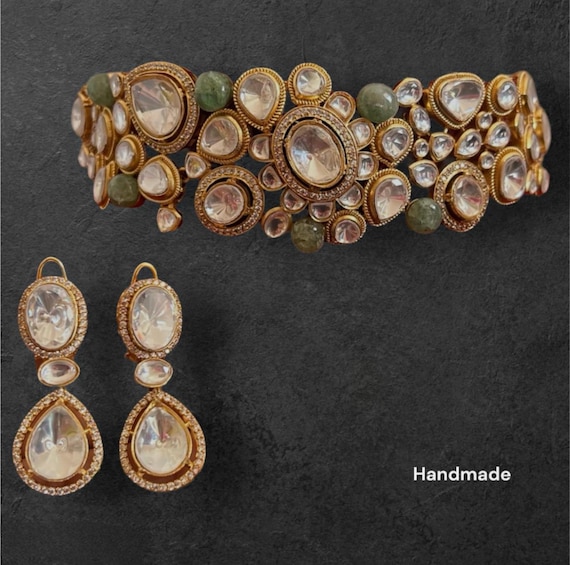 Bollywood Moissanite natural Emerald silver foil Polki Sabyasachi Inspired Necklace Set/Uncut Kundan gold plated/Reception Bridal Choker Set