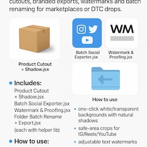 May include: An advertisement for SellerEssentialsPack, a set of e-commerce tools. The image shows icons for product cutouts, social media exporting, and watermarking. Text describes the pack's features, including automated resizing and text watermarks.