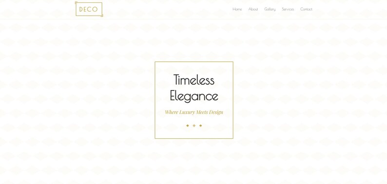 May include: Website homepage for a company called "DECO" with the tagline "Timeless Elegance, Where Luxury Meets Design".