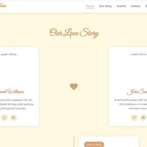 May include: A website for a wedding with the couple's names, Sarah and John, at the top. The page is titled "Our Love Story" and features a heart icon. The page also includes brief descriptions of the couple, Sarah and John.