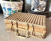 Vintage French Rattan Wicker Suitcase Picnic Basket, Vintage home Decor, Top Handles,
