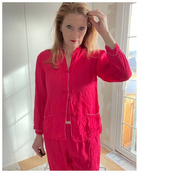 VTG 70s Asian Pajama Set S/M red/pink Rayon/ 2 pie