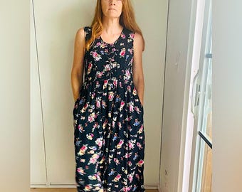 90s Floral Rayon Midi Dress: Dark Cottagecore Garden Print