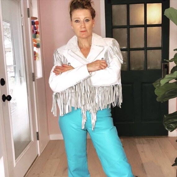 Vintage 90s Fringe Leather Jacket White Medium/ Ro