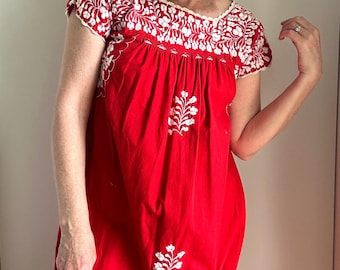Vintage 70s Oaxacan Embroidered Maxi Dress: Red & White Mexican Folk Boho