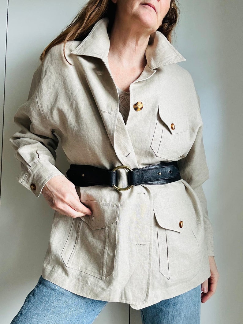 Blazer safari en lin vintage des années 90, grande taille kaki, vestes classiques structurées minimalistes pour le printemps image 1
