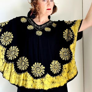 Vintage 90s Boho Tops Embroidery Batwing Black Gold Size M/L  Hippie Indie Vibes