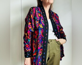 vintage années 80 Soie Abstract Print Open Blouse Taille Petite Déclaration multicolore Dressing Couleurs audacieuses et lumineuses Superposition de pièces