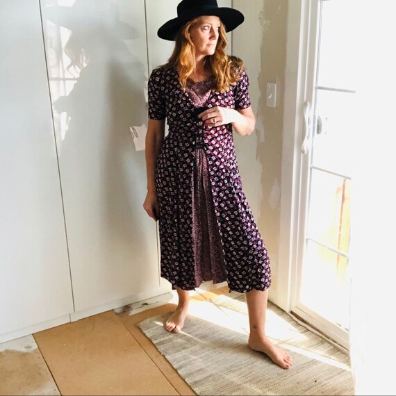 Vintage 90s Starina Floral Midi Dress Small Black/