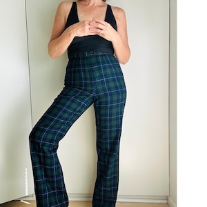 Vintage Pendleton Wool Plaid Pants W28: Green Tartan High Waist Trousers