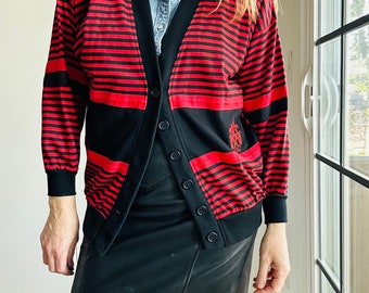 Maglione cardigan VTG anni '90 taglia media rosso nero a righe stile Preppy Twee
