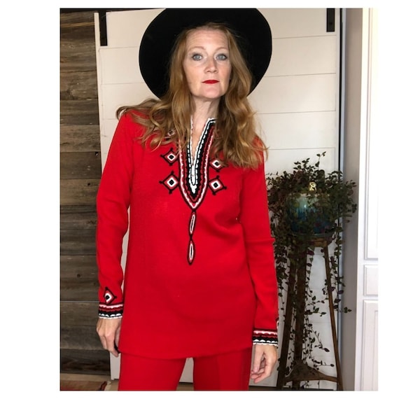 Vintage 70s Wool Pantsuit/Red/Small/Tunic//Wide Le