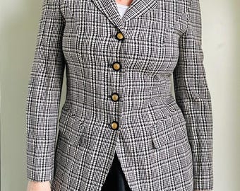 Vintage Mondi 90s Hahnentritt Blazer Schwarz Creme Maßgeschneidert Altgeld Ästhetik