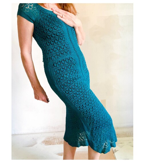 VTG Silk Crochted Fitted Dress/ Midi Length/ Teal/