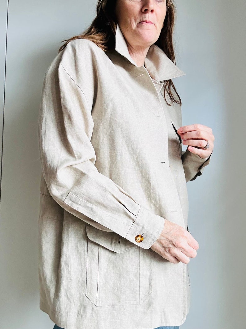Blazer safari en lin vintage des années 90, grande taille kaki, vestes classiques structurées minimalistes pour le printemps image 9