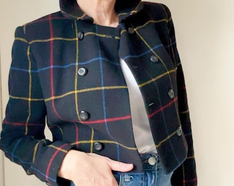 Vintage Wool Cropped Blazer Size 4 Mod Preppy Plaid Printed Classic 90s Era