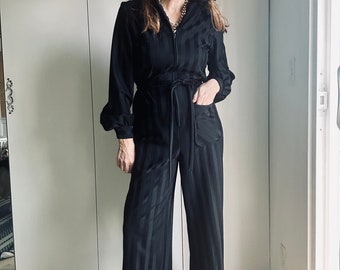 Vintage 70s Black Striped Jumpsuit Size M Fit Disco Flared One Piece Statement Special Ocassion All Black