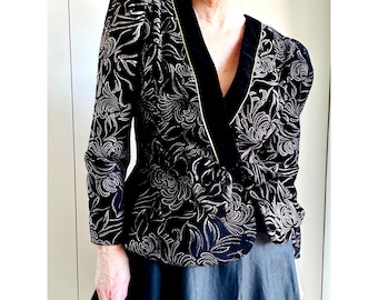 Vintage 80s Patra Velvet Brocade Evening Jacket/Blazer Peplum Black Gold SZ M/L