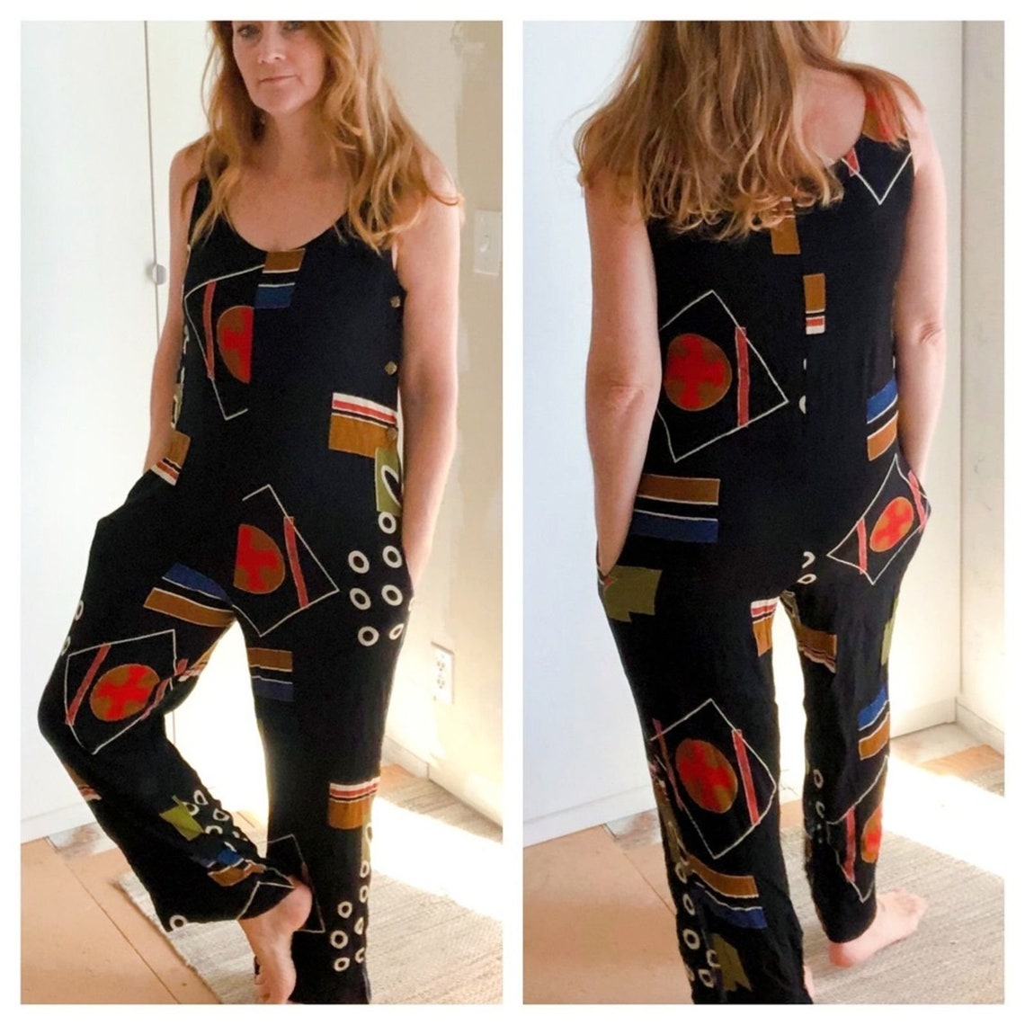 Vintage 90s Jumpsuit/ Geometric Print Rayon M Black 90s Etsy