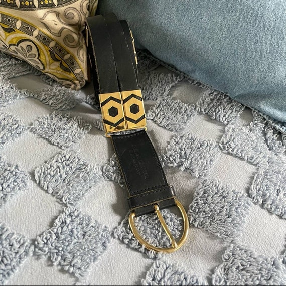 Vintage Designer Leather Belt Gold Accents Gold Buckle Navy 