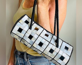 Y2K Barrel Handbag Purse Mother of Pearl Shell Geometric Design Black Top Zipper