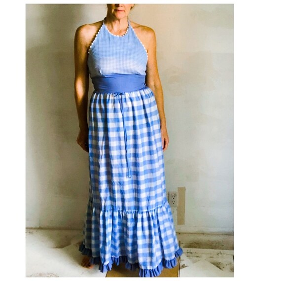 VTG Gingham Halter Sundress Maxi/White/ Blue/ Smal
