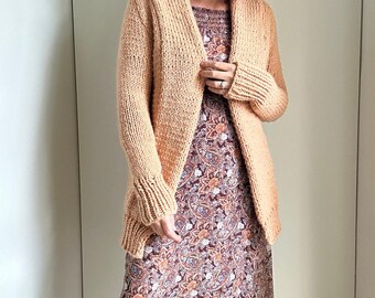 Vintage Handmade Crochet Cardigan Sweater Tan Size S/M Fit Midi length Fall knit