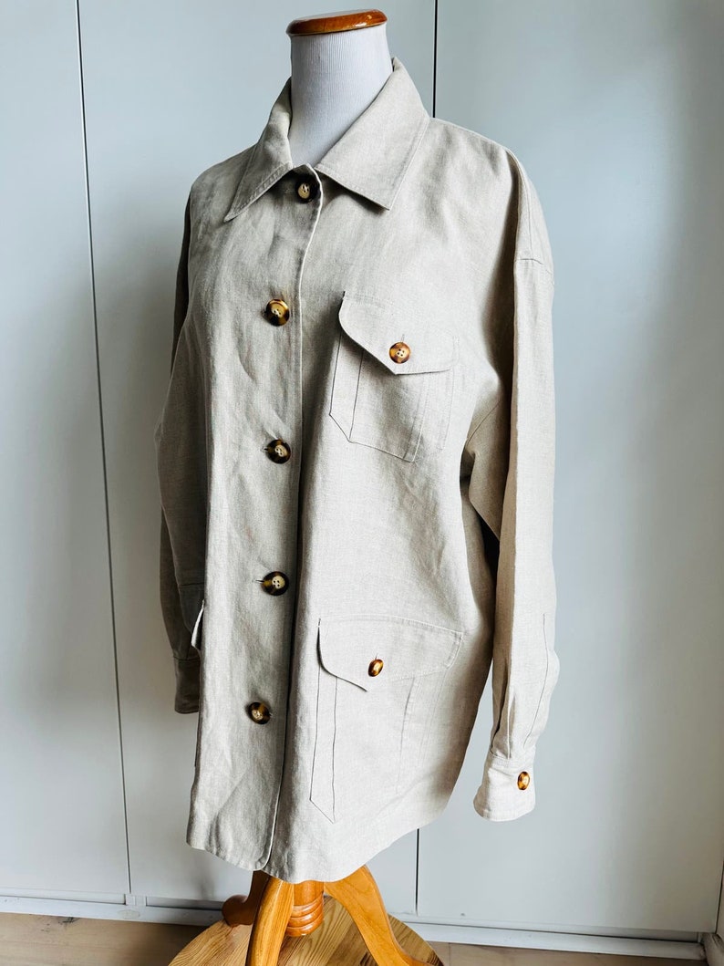 Blazer safari en lin vintage des années 90, grande taille kaki, vestes classiques structurées minimalistes pour le printemps image 5