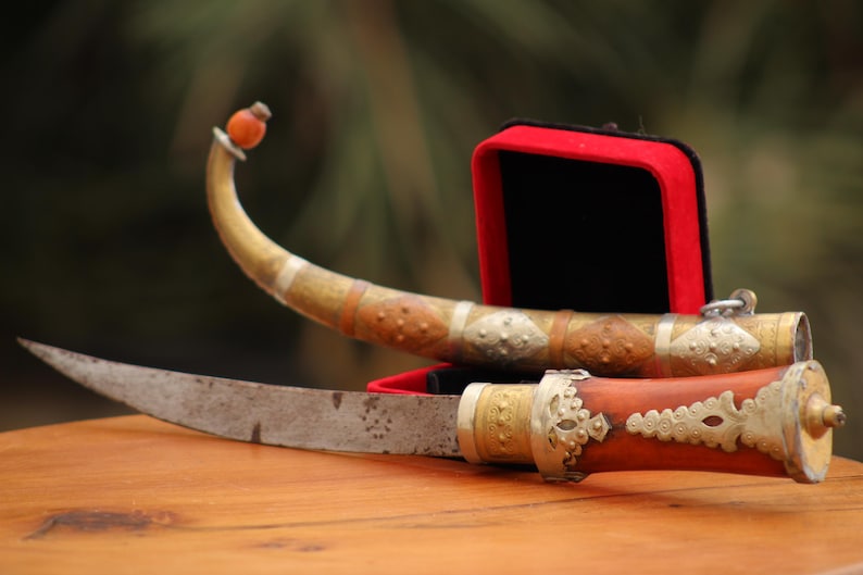 Moroccan Khanjar Dagger with Engraved Brass Scabbard and Bone Handle — view 2