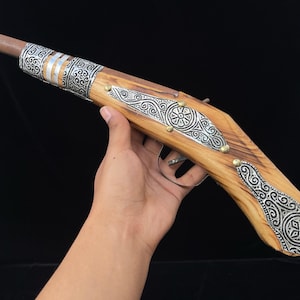 Vintage Moroccan Ottoman Flintlock Pistol – Intricately Handcrafted African Silver-Inlaid Decorative Gun Engraved