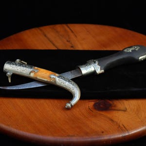 Vintage Morocco Khanjar Handmade Dagger Silver Plated Knife Arabic Handcrafted Africa Decor Engraved ,Camel Bone Wooden Handle Jambiya