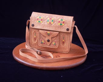 Moroccan Hand Tooled Leather Shoulder Bag - Embossed & Hand-Painted Crossbody Satchel