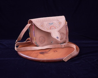 Moroccan Hand Tooled Leather Shoulder Bag - Embossed & Hand-Painted Crossbody Satchel