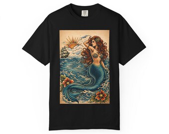 Vintage Mermaid Illustration T-shirt | Nautical Ocean Siren, Retro Tattoo Style