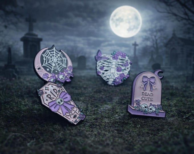 Featured listing image: Pastel Goth Coffin, Tombstone, Rib cage and Moon Enamel Lapel 4 Pin Set