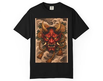 Red Oni Mask T-shirt | Japanese Demon Hannya Tattoo Art, Mythic Horned Face