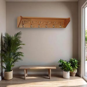 37" Oak Coat Rack with Shelf & 6 Hooks | Organize Your Entryway | Multiple Finishes and Hook Colors Available | USA Made and Easy To Install