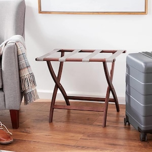 Deluxe Handcrafted Oak Luggage Rack, Foldable Design, Guest Room Luxury, USA Made, Premium Finishes and Straps, Durable & Beautiful