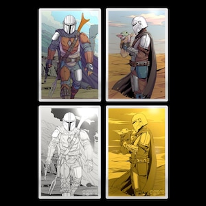 May include: Four framed illustrations featuring the Mandalorian from the Star Wars series. The images depict the character in various poses, with detailed armor and weapons. The color palette ranges from full color to monochrome and sepia tones.