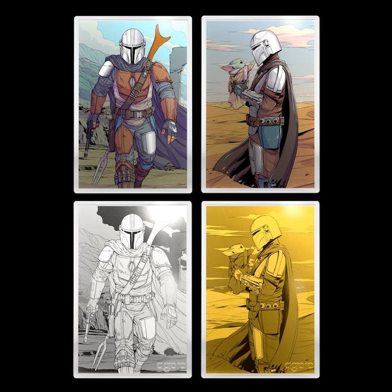 May include: Four framed illustrations featuring the Mandalorian from the Star Wars series. The images depict the character in various poses, with detailed armor and weapons. The color palette ranges from full color to monochrome and sepia tones.