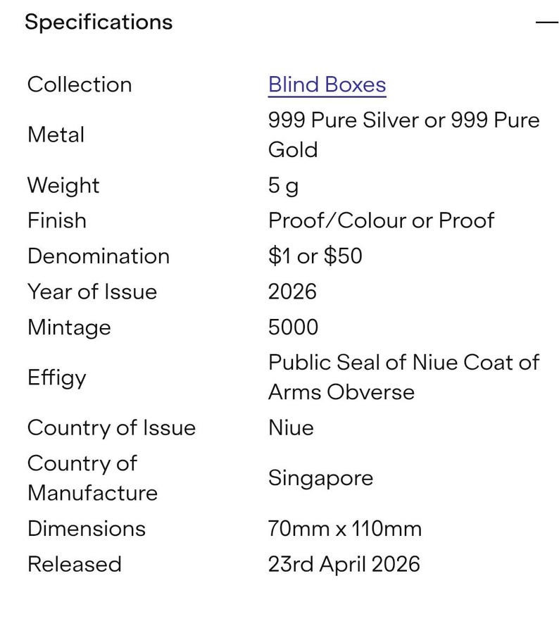 May include: Specifications for a collectible item, including "Blind Boxes" collection, made of 999 Pure Silver or Gold. The item weighs 5 g, with a Proof/Colour or Proof finish. Dimensions are 70mm x 110mm, issued in 2026.