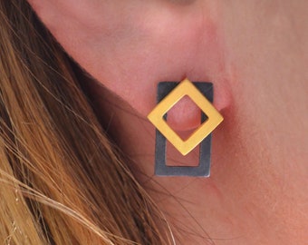 Rhombus Open Earrings, Square Outline Studs, Gold Mix and Match Womens Earrings, Double Studs