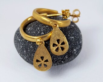 Hoop Charm Earrings Small Gold Drop Flower Design Silver 925 Gift for Her