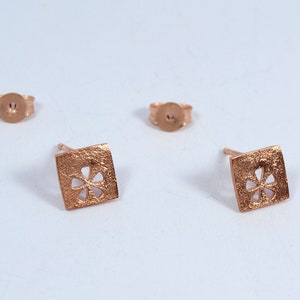 Square Gold Studs Flower motif Earrings Silver 925 Rose Gold multiple piercing squares Handmade Jewellery image 1