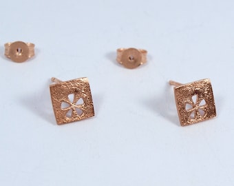 Square Gold Studs Flower motif Earrings Silver 925 Rose Gold multiple piercing squares Handmade Jewellery