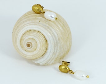 Handmade Pearl Drop Earrings with Gold-plated Oval Stud - Elegant Jewellery
