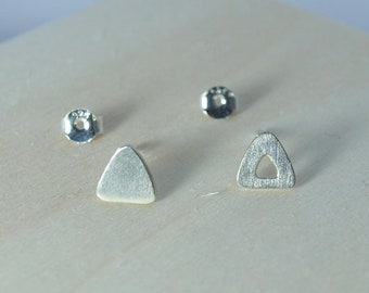 Small Silver Triangle Stud Earrings, Mismatched Geometric Jewellery - Handmade Gift for Her